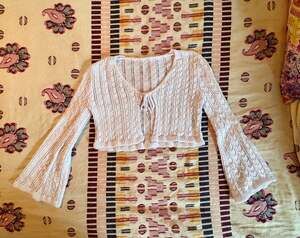 White Crochet Knit Tie Front Bell Sleeve Crop Cardigan Top Boho Coquette